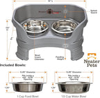 Neater Feeder Deluxe Mess-Proof Elevated Cat Bowls, 2 Height Adjustable (6” & 7.5”) No-Spill Raised Cat Bowl Stand, Whisker Friendly Stainless Steel Dishes for Indoor Cats, Made in USA, Grey