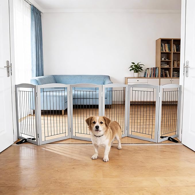Dog Fence Indoor,Dog Gate Indoor for Doorway pet gate -6-Panel Freestanding, Hallways, House or Stairs -120x32-Inch Retractable Foldable Expandable Wood Pet by SFJC (Grey) ﻿