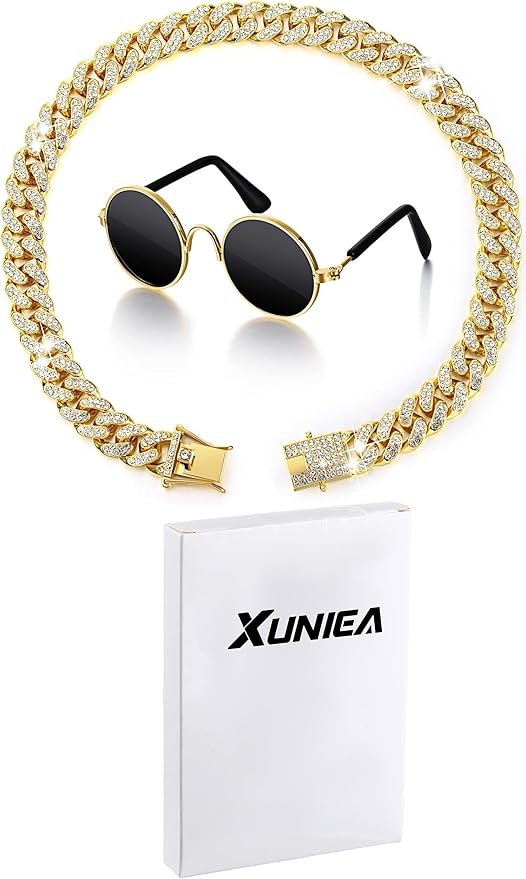 Xuniea 2 Pieces Cat Dog Chain Collar and Sunglasses Set Rhinestone Necklace with Secure Buckle Round Glasses for Doll Cat Dog Pet Accessories(16 Inch,Gold, Black)