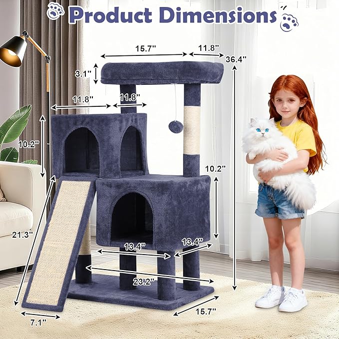 Cat Tree Tower, 36 Inches Cat Condo Houseswith Scratching Posts, Ramp, Plush Perch & 2 Spacious Condos, Stable for Multiple Cats Kittens House & Small Room(Dark Grey)