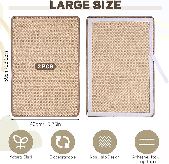 2 Pcs Cat Scratcher Mat Natural Sisal Cat Scratch Pad Indoor Horizontal Floor and Wall Cats Scratching Pad Rug Protect Carpets and Sofas