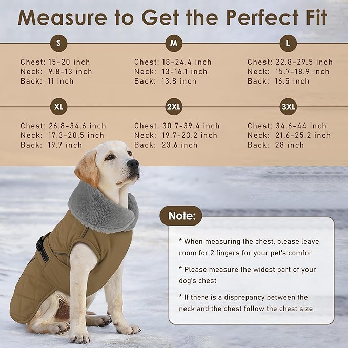 Dog Coat, Waterproof Dog Winter Jacket with Adjustable Buckle, Reflective Turtleneck Pet Snow Vest Warm Fleece Sweater for Small Medium Large Dogs - Khaki, 3XL