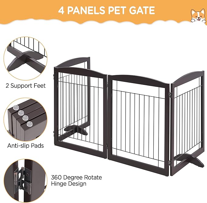 Yaheetech Extra Wide Dog Gate Freestanding Pet Gate for Dogs,Foldable Puppy Fence with Support Feet Suitable for Doorway, Stairs,98 in Wide 32 in Tall (4-Panel,Espresso)