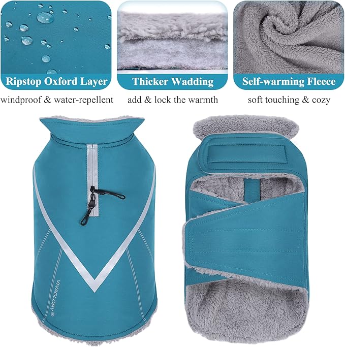 VIVAGLORY Snowrap Dog Coat, Jacket with Harness Hole, Dog Coat for Winter & Cold Weather, Fluffy Warm Fleece Lined Reflective Water Resistant for Puppy, XXS, Turquoise