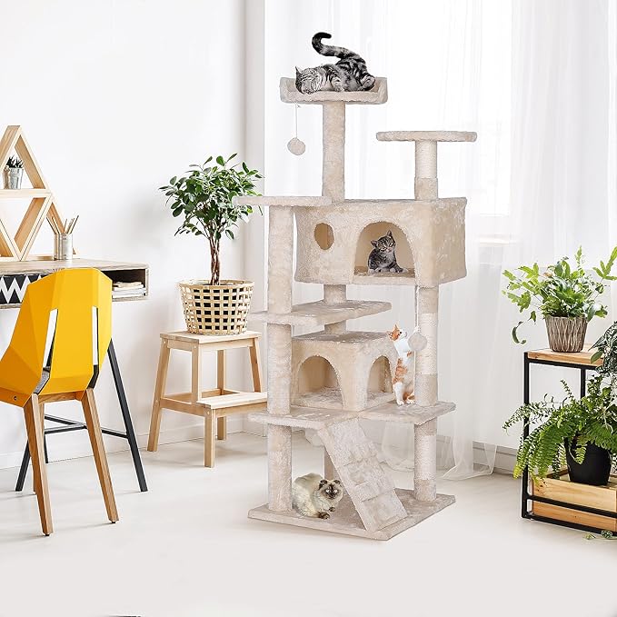 53 inches Heavy Duty Multi-Level Cat Tree Tower with Condo Furniture & Scratching Posts for Kittens Play Rest (Beige)