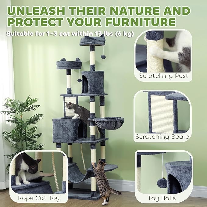 PawHut Cat Tree, 81" Cat Tower for Large Adults Indoor Cats with Cat Scratching Posts, Scratching Board, Cat Condos, Cat Beds, Hammocks, Multi-Level Platforms, Toy Balls & Rope Cat Toy, Dark Gray