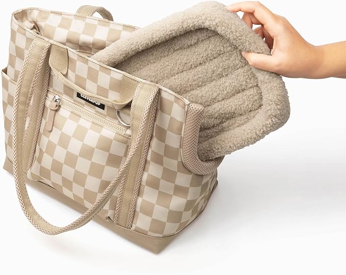 Cleverpup Transit Tote Dog Carrier for Small Dogs up to 8 lbs, 16x11x8 Soft-Sided 4-Pc Set with Waterproof Base, Plush Insert, Food Pouch, Mesh Head Opening - Small, Checkerboard