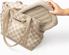 Cleverpup Transit Tote Dog Carrier for Small Dogs up to 8 lbs, 16x11x8 Soft-Sided 4-Pc Set with Waterproof Base, Plush Insert, Food Pouch, Mesh Head Opening - Small, Checkerboard