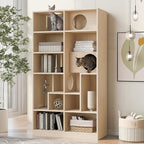 Bookcase Wooden Cat Tree, Natural Bookshelf Indoor Cat House Pet Furniture, Display Case with Storage, Cat Litter Box Enclosure Climbing Shelf