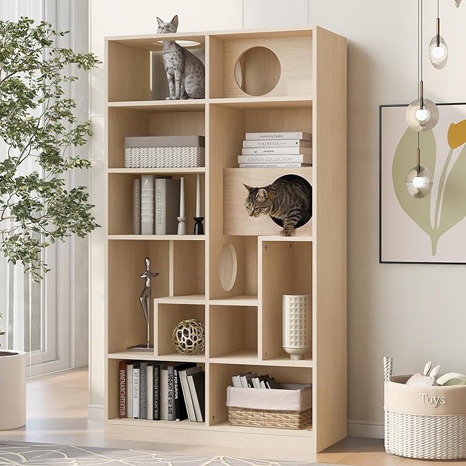 Bookcase Wooden Cat Tree, Natural Bookshelf Indoor Cat House Pet Furniture, Display Case with Storage, Cat Litter Box Enclosure Climbing Shelf