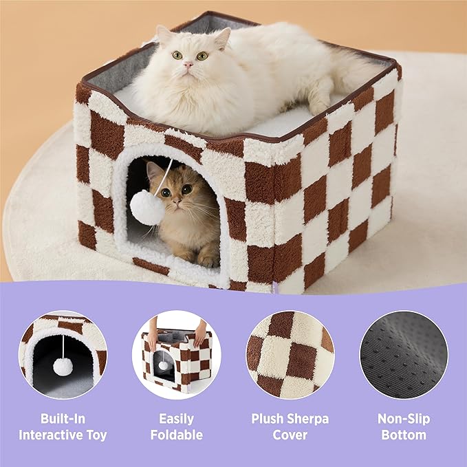 LE SURE Indoor Cat Beds Kitten House - Large Cat Cave for Pet Cube with Fluffy Ball Hanging, Foldable Small Animal Hideaway, 16.5x16.5x13 inches, Brown Checks