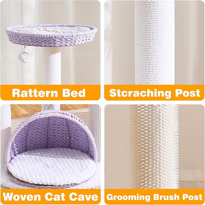 Modern Cat Tree Tower for Large Cat with Scratching Post for Indoor, 46 inch Multi-Level Cat Tower with Handwoven Beds, Cat Cave, Dangling Balls