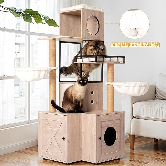 63" H Multi-Functional Cat Tree with Litter Box, Cat Tower Furniture with Removable Washable Cushion, Cat Scratching Posts & Toy Hanger, Modern Design Rustic Gray Cat House