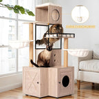 63" H Multi-Functional Cat Tree with Litter Box, Cat Tower Furniture with Removable Washable Cushion, Cat Scratching Posts & Toy Hanger, Modern Design Rustic Gray Cat House