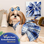 PETCARE Cute Dog Dress Clothes for Small Dogs Cats Girl Female Blue Plaid Bow Tie Dog Harness Dresses Leash Set with Pearls Bow Accessories Birthday Puppy Dress Shih Tzu Yorkies Chihuahua Outfits