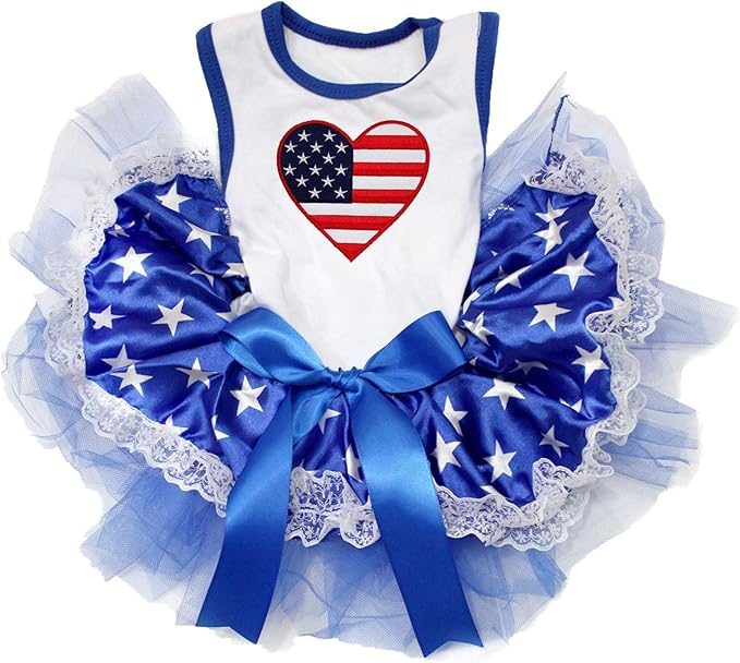 Petitebella USA Heart Puppy Dog Dress (White/Blue Stars Lace, Small)