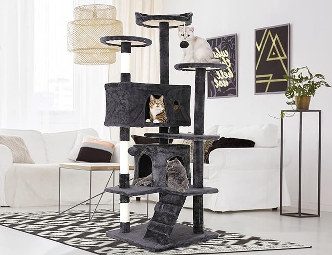 54'' Tall Multi-Level Cat Tree, Furniture With 3 Scratching Posts, 3 Stand Platforms, 2 Condos, Tower With Funny Toys, Corner Tree for Large Cats, Dark Grey
