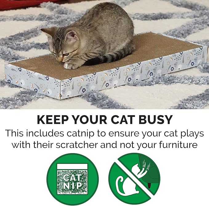 Furhaven Scratching Board w/ Catnip for Indoor Cats, Reversible - Holiday Corrugated Scratcher Pad - Hanukkah Print, One Size