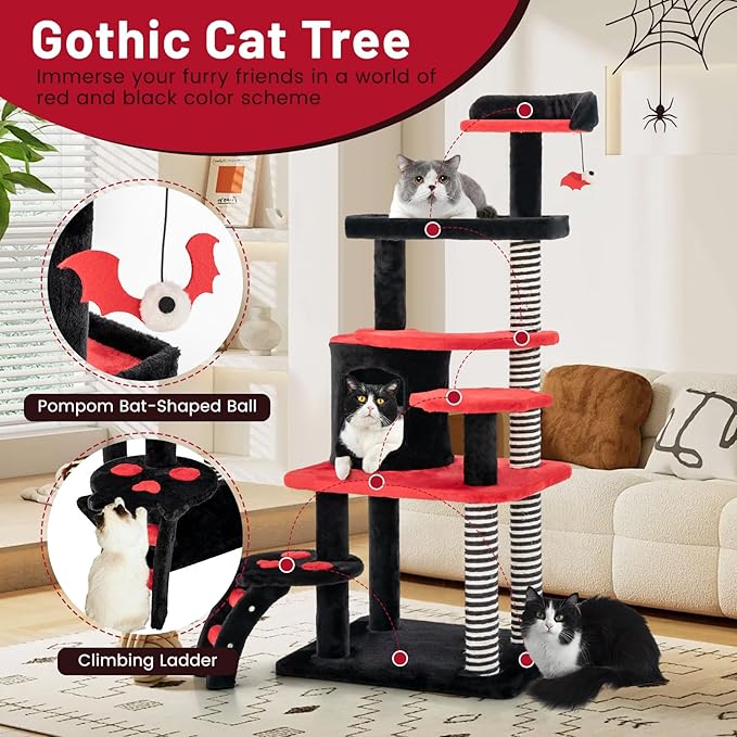 Tangkula Gothic Cat Tree, 52 Inch Black Cat Tower with Coffin Bed, Condo, Sisal Scratching Posts, Pompom Bat-Shaped Ball, Halloween Pet Furniture, Spooky Goth Cat Tree for Indoor Cats