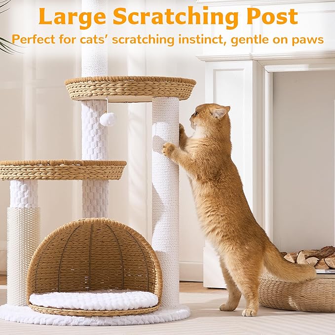 Modern Cat Tree Tower for Large Cat with Scratching Post for Indoor, 46 inch Multi-Level Cat Tower with Handwoven Beds, Cat Cave, Dangling Balls