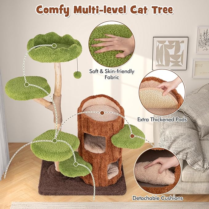 Tangkula Solid Wood Cat Tree, Cute Cat Tower with Scratching Posts, 2-Tier Tree Hole Cat Condo, Wood Branches, Sisal Panel, Top Perch, Platforms & Hanging Toy, Cat Tree for Indoor Cats Large Adult