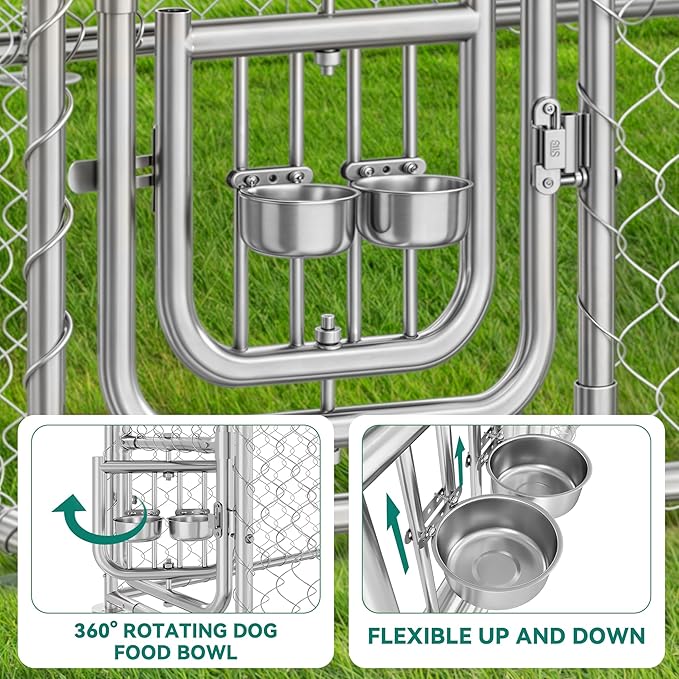 DWVO 10'x10' Dog Kennel Outdoor with Rotating Feeder Bowls, Outdoor Dog Pens with Roof, Heavy Duty Dog House for Medium Large Dogs