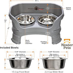 Neater Feeder Deluxe Mess-Proof Elevated Dog Bowls for Small Dogs (Up to 19 lbs), 2 Height Adjustable (6” & 7.5”) No-Spill Raised Dog Bowl Stand, Stainless Steel Food Bowl Set, Made in USA, Grey