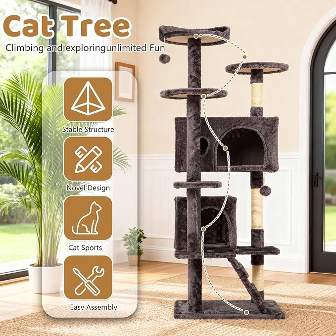 BestOffice 54 Inch Cat Tree, Multi-Level Cat Tower with Condo, Perches, Sisal Scratching Posts, Climbing Ladder,Indoor Activity Center Play House for Kittens & Adult Cats, Purple