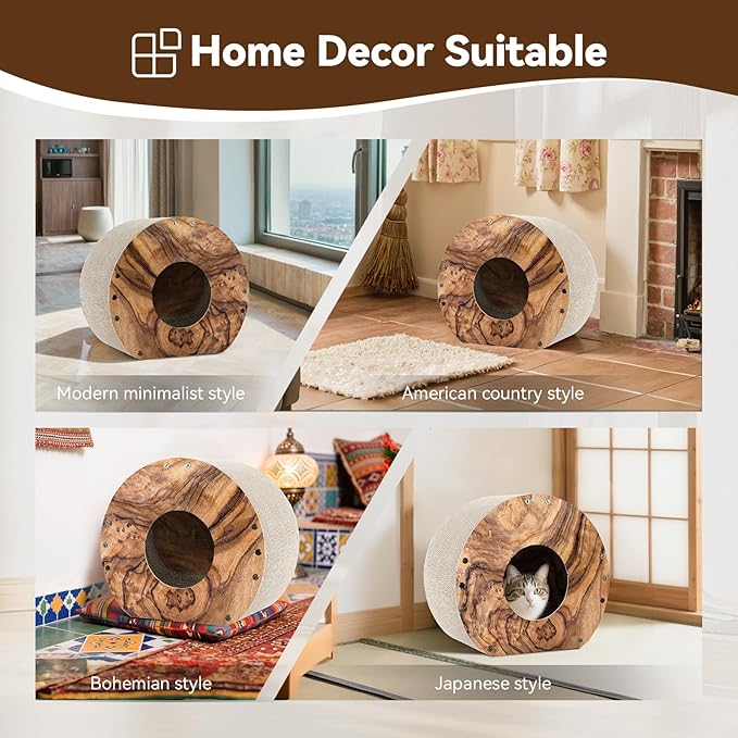 Cat Scratcher House, Cozy Cardboard Design, Safe and Secure for Kittens, Eco-Friendly, Wood Grain (Circle)
