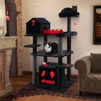 PETSITE 49 inch Gothic Cat Tree, Multi-Level Halloween Goth Cat Tree Tower with Coffin Bed, Scratching Posts, 2 Condos, Cozy Top Perch, Bat-Shaped Teasing Balls, Black