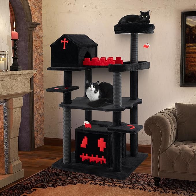 PETSITE 49 inch Gothic Cat Tree, Multi-Level Halloween Goth Cat Tree Tower with Coffin Bed, Scratching Posts, 2 Condos, Cozy Top Perch, Bat-Shaped Teasing Balls, Black