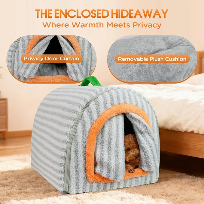 Dog House Indoor for Small Dogs, 2-in-1 Enclosed Dog Bed with Cover Cave & Curtain, Dog Tent with Plush Washable Cushion, Inside Dog House for Pets Under 5.5 lbs(Grey, S)