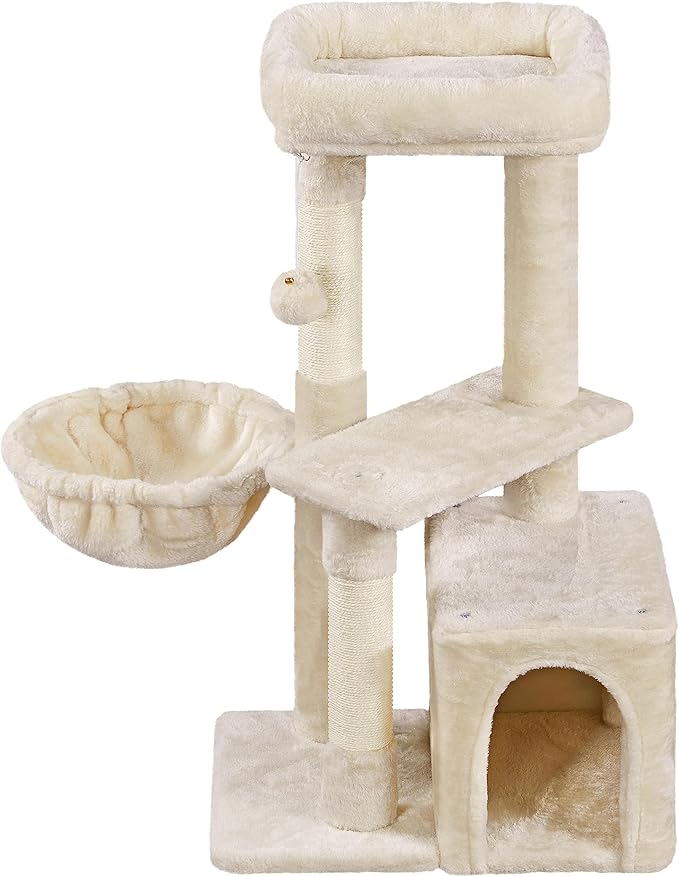 Topeakmart Cat Tree Tower for Indoor Cats, 34.5in Cute Cat Tree Activity Center with Condo & Scratching Post, Multi-Level Cat Climbing Tower Play House w/Large Perch, Platform, Basket, Beige