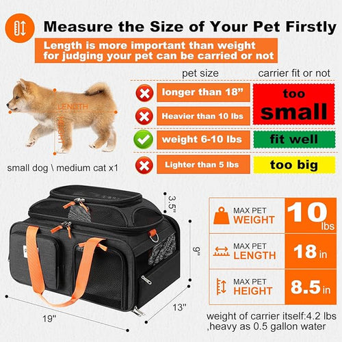 19x13x9 TSA Approved top Expandable pet Carrier for Small Dog Puppy cat up to 10 lbs Weight and 18'' Length, for Southwest Spirit Lufthansa Airlines,Air Canada and Amtrak Train