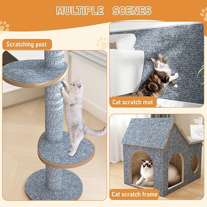 ReWallpaper Cat Scratch Pad Large Sisal Textured Grey Cuttable Carpet Roll for Wall Window Sill Bedside Floor Area Furniture Covering Durable Cat Scratching Mat Self Adhesive Pet Claw Guard 24inx6.5ft