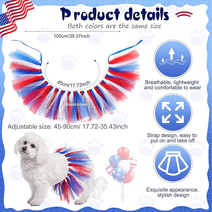 Dog Tutu Tulle Tutu for Dogs Small Large Medium Puppy Dress Ballerina Costume Skirt for Holiday Puppy Cats Bunny Pet Outfit Birthday Wedding Party Photo Prop Supplies(Red White and Blue)