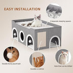 All-in-1 Extra-Wide Cat House for Indoor, Multi Cats Puppy Family, Large Cat Cave for Pet House with Fluffy Ball Hanging and Scratch Pad, Foldable Dog Hideaway