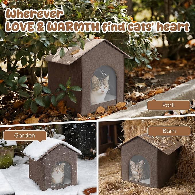 Outdoor Cat House Weatherproof, Insulated Cat Houses for Outdoor/Indoor Cats for Winter, Waterproof Feral Stray Cat Shelter with Door Curtain and Warm Cushion, Easy to Assemble, Brown