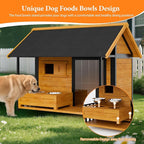 Dog House with Dog Bowls Stand, Large Outdoor Dog House Kennel, Easy to Install, Design with Weatherproof Roof and All-Around Iron Frame for Outside Small Medium Large Breed Dogs(Brown)