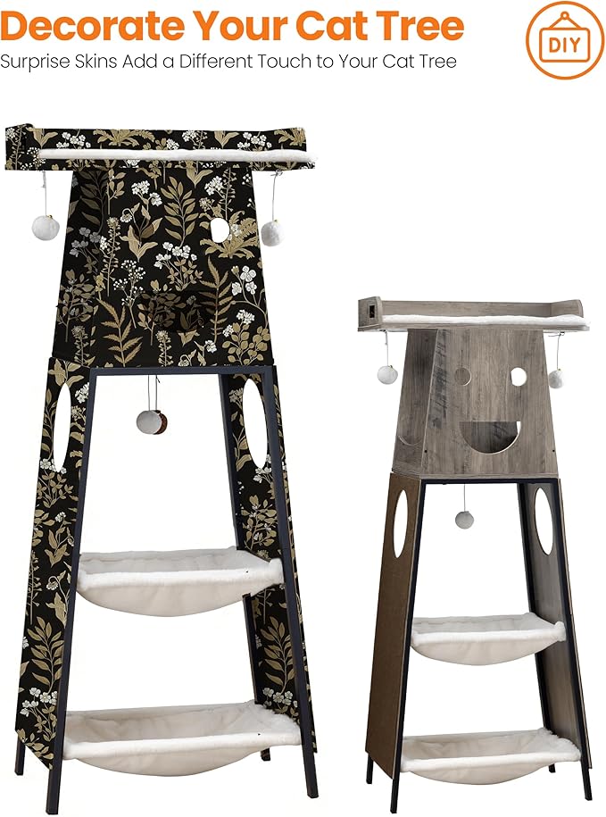 Modern Wood Cat Tree for Indoor Large Cats, 56 Inch Tall Cat Tower with Perch Bed, Multi-Level Trees with 2 Hammock, Cat Condo, Scratching Board, Removable Pads, Cat Furniture, Greige