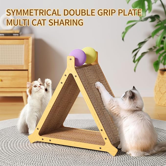 Stylish Triangle Cat Scratcher – 3-Sided Scratching Board with 2 Interactive Ball Toys, Durable Cardboard Cat Furniture for All Cats/Kittens (Modern Aesthetic, Sleek Design)