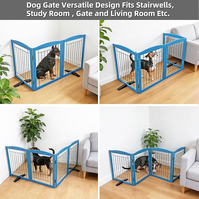 ZJSF Freestanding Dog Fence Indoor, Foldable Dog Gate for Doorways, Stairs or Hallways, Sturdy Wood Extra Wide Pet Gate with Support Feet for The House, Blue, 24 "Height-3 Panels