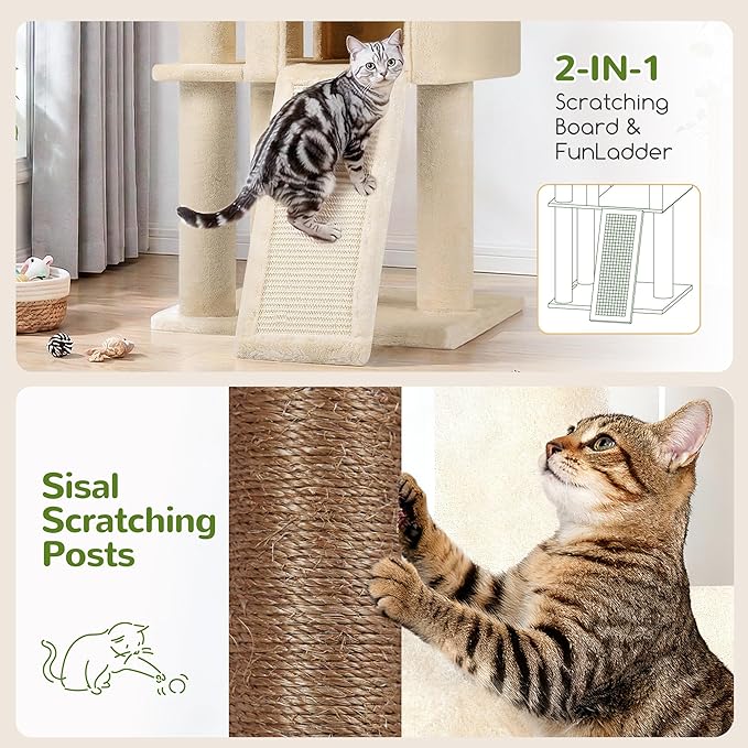 Globlazer 45" Cat Tree for 2-3 Medium Cats, Multi-Level Cat Tower with Scratching Board for Kittens and Senior Cats, Condo & Hammock Space Saving Cat Tower, F45, Beige