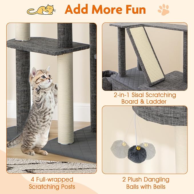 Tangkula 71 Inch Tall Cat Tree, Multi-Level Large Cat Tower with Scratching Posts & Sisal Board & Ladder, 2 Removable Condos, Perch, Bed, Dangling Balls, Modern Linen Fabric Cat Tree for Indoor Cat