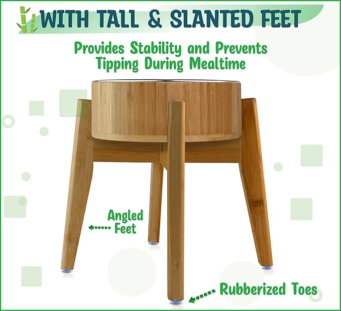 Elevated Dog Bowls for Large Breed - (15-Inch High) Raised Food/Water Bowl with Stand - Bamboo-Steel, Dry/Wet Food Suitable