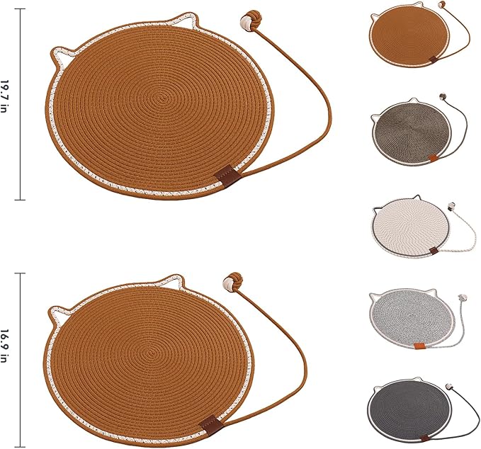 Handmade Woven Cat Scratcher Mat, 16.9"/19.7" Natural Cotton Rope Cat Scratching Pad for Indoor Cats, Non-Slip Flat Scratch Pad, Soft Durable Cat Lounging Mat with Ball Toy (Gray,16.9 in)