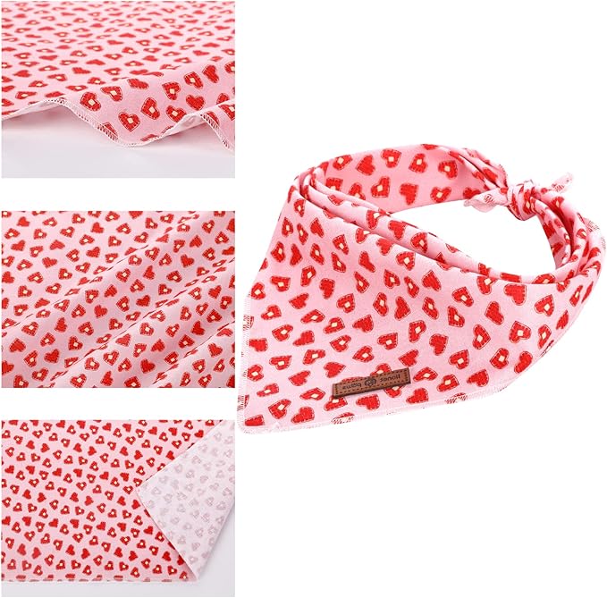 Lionet Paws Valentine's Day Dog Bandanas 2 Pack, Pink Dog Triangle Red Hearts Dog Kerchief,Adjustable Triangle Holiday Scarves for Medium Large Dogs Pets