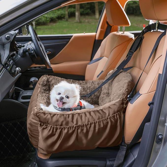 Dog Car Seat for Small Dogs, Washable Pet Booster Seats with Clip-On Safety Leash, Comfy Deluxe Plush Carseat with Storage Pockets, Puppy Car Travel Carrier Bed for Dogs Under 25 lbs, Brown