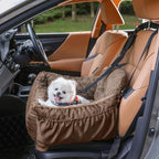 Dog Car Seat for Small Dogs, Washable Pet Booster Seats with Clip-On Safety Leash, Comfy Deluxe Plush Carseat with Storage Pockets, Puppy Car Travel Carrier Bed for Dogs Under 25 lbs, Brown