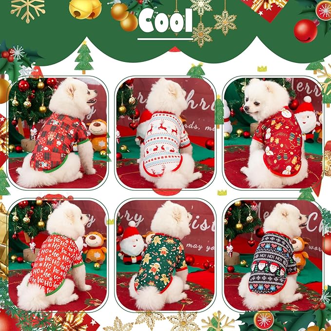 6 Pieces Christmas Dog Clothes for Small Dogs, Soft and Breathable Pet Shirt, Winter Puppy Kitten Vest Printed Dogs Shirts, Christmas Snowman Santa Claus Reindeer Dog T-Shirts for Pet Cats